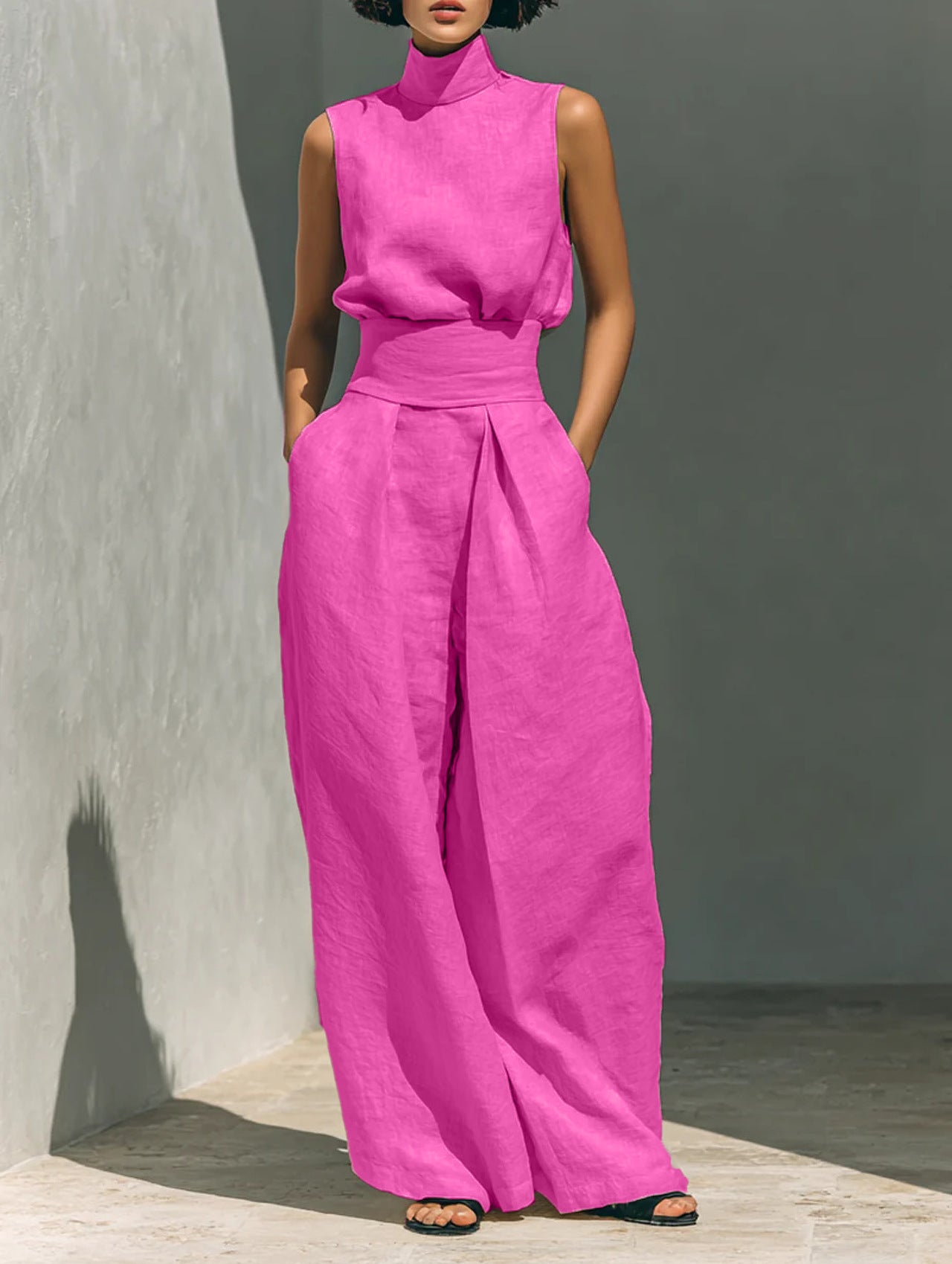 Cotton and linen sleeveless pants casual suit for women