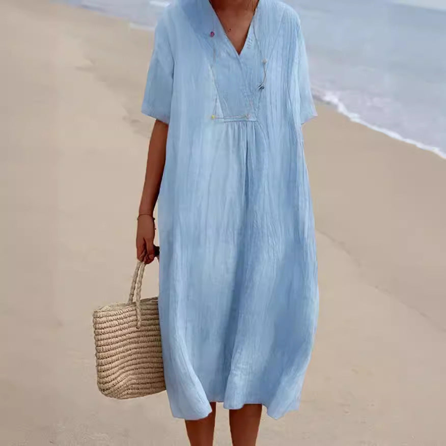 Casual Slimming Pure Color Linen Cotton Dress for Women, Versatile and Fashionable