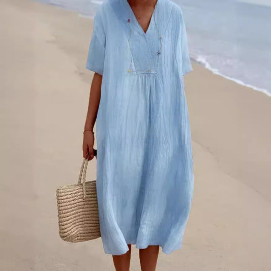 Casual Slimming Pure Color Linen Cotton Dress for Women, Versatile and Fashionable