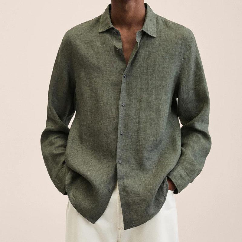 Casual Long Sleeve V-Neck Loose Button-Up Linen Cotton Shirt for Men