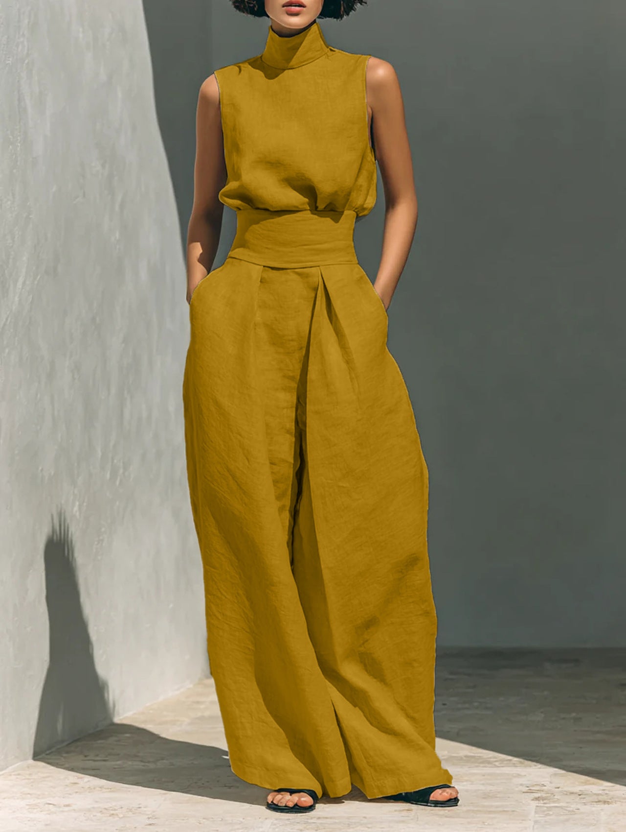 Cotton and linen sleeveless pants casual suit for women