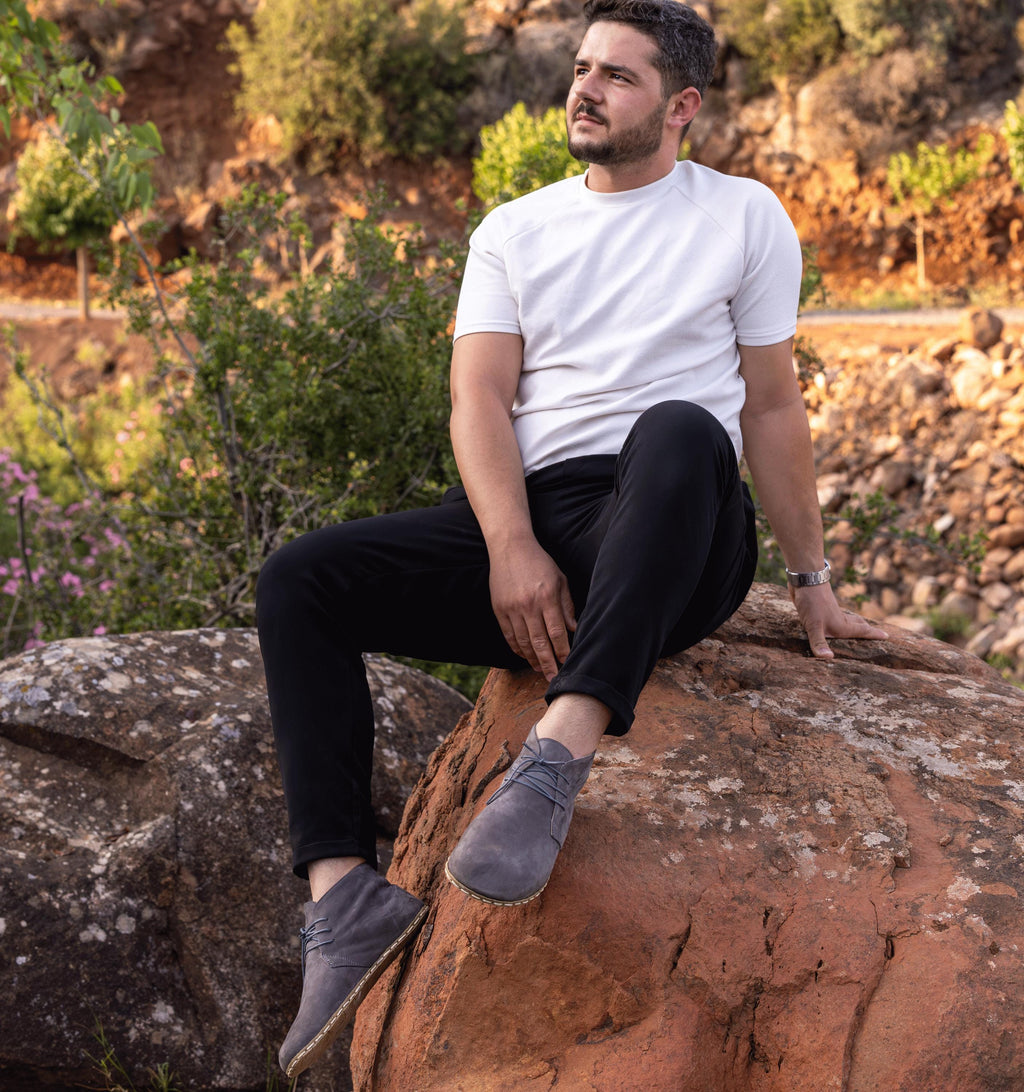 Ashen barefoot chukka boot for men — buffalo leather sole with copper grounding rivet