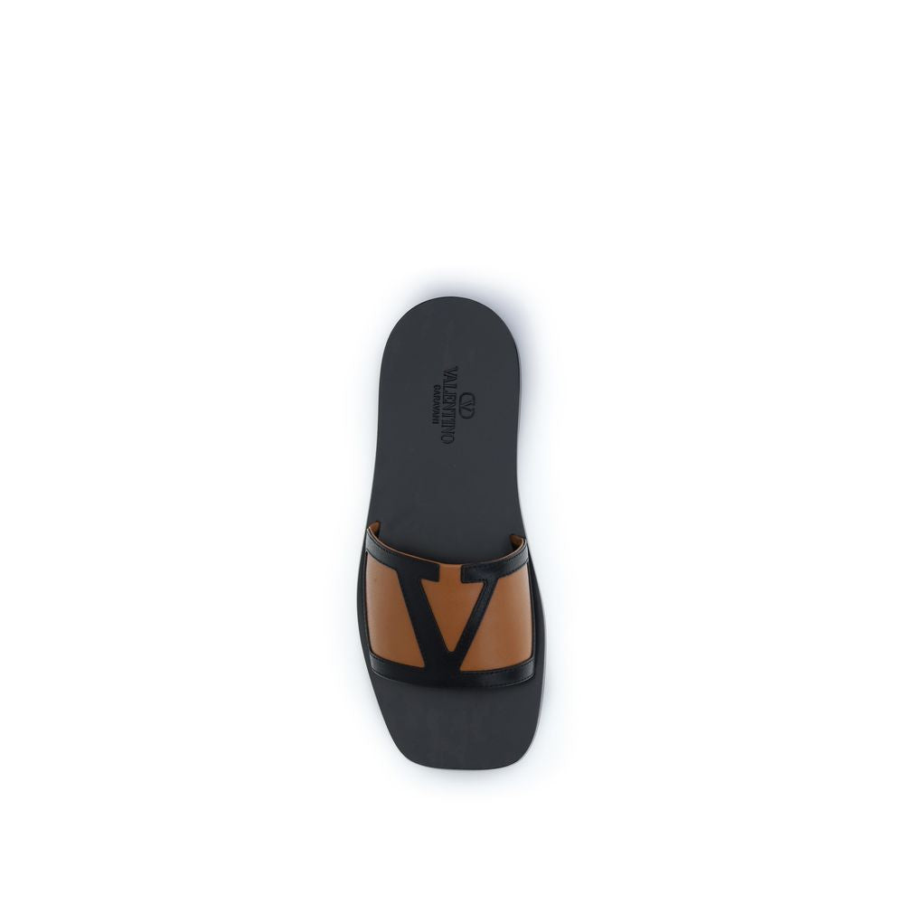 Valentino Garavani Black Calf Leather Bos Taurus Flat Sandals
