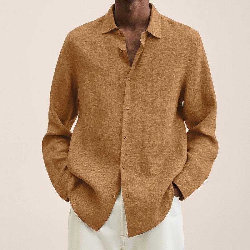 Casual Long Sleeve V-Neck Loose Button-Up Linen Cotton Shirt for Men