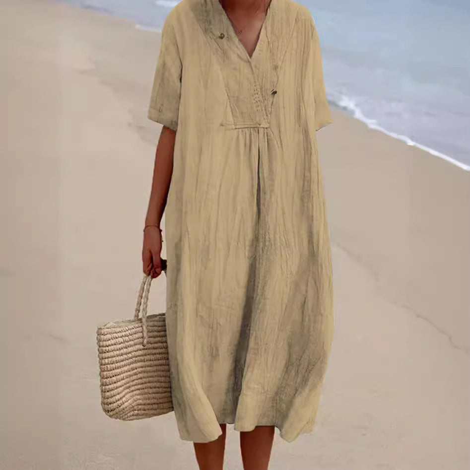 Casual Slimming Pure Color Linen Cotton Dress for Women, Versatile and Fashionable