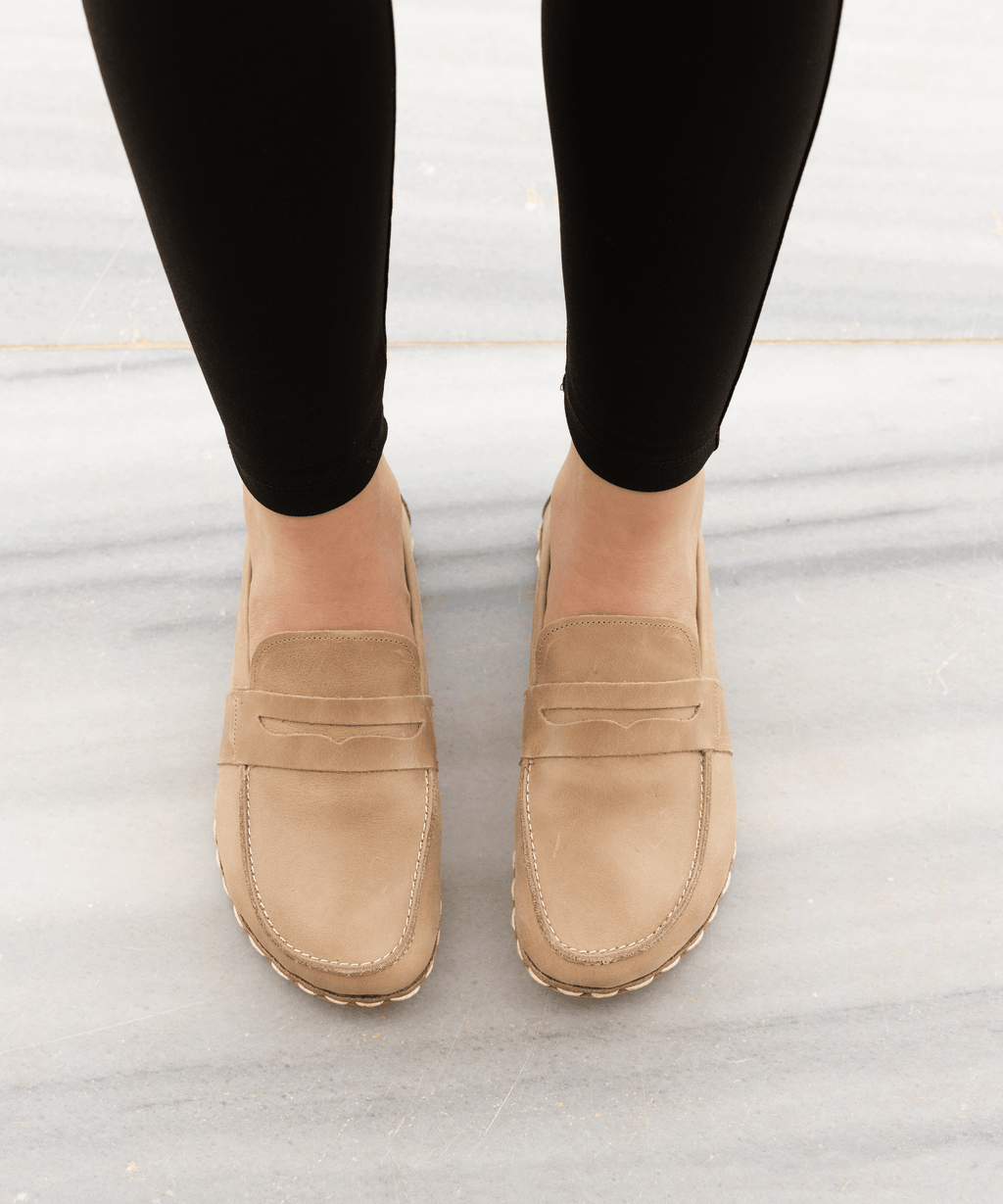 Sand women's barefoot penny loafer — smooth full-grain calfskin upper, hand-cut