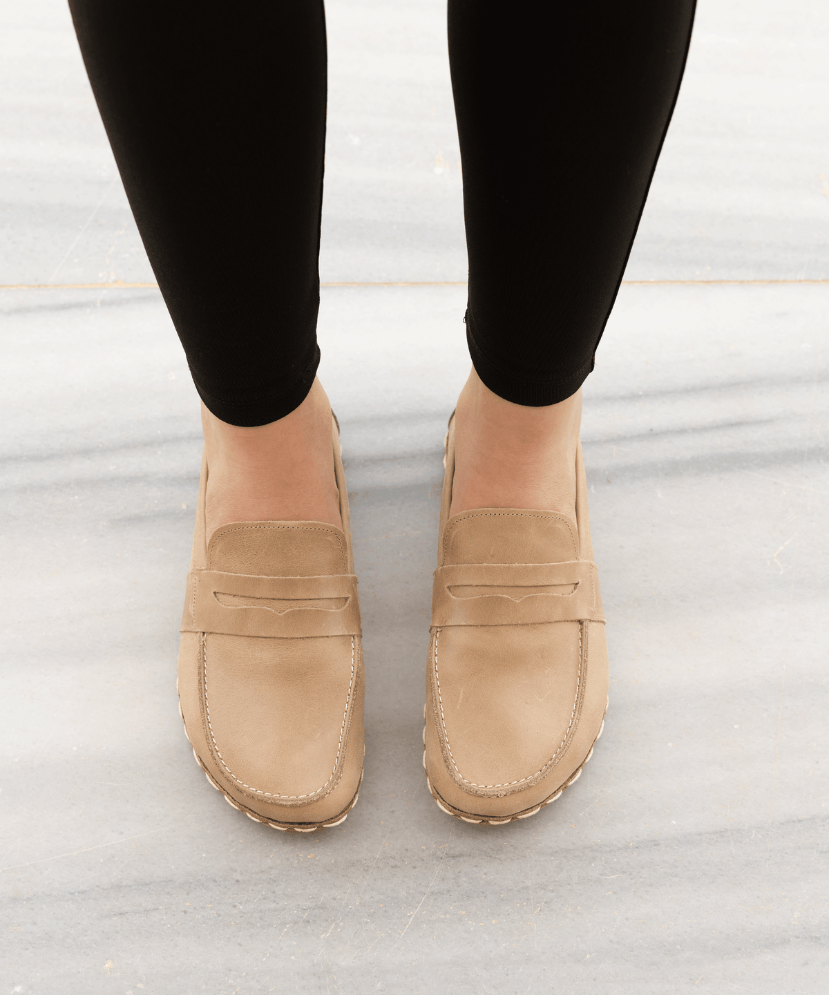 Sand women's barefoot penny loafer — smooth full-grain calfskin upper, hand-cut