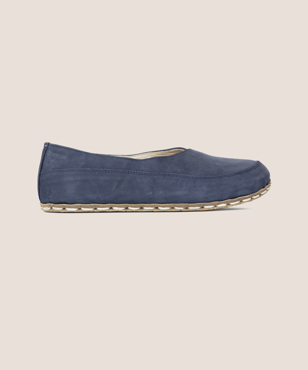 Navy barefoot flat for women — buffalo leather sole with copper grounding rivet