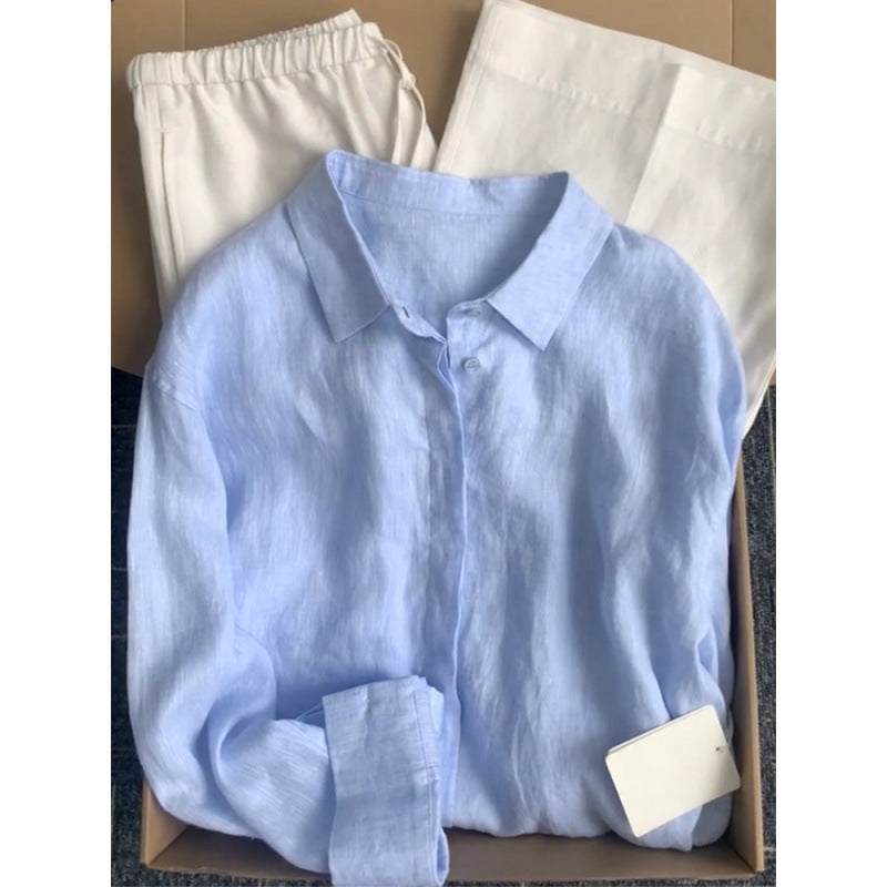 French Blue Linen Shirt for Women, Summer Lightweight Loose Vintage-Style Linen Blouse, Long Sleeve Sun Protection Cotton-Linen Top