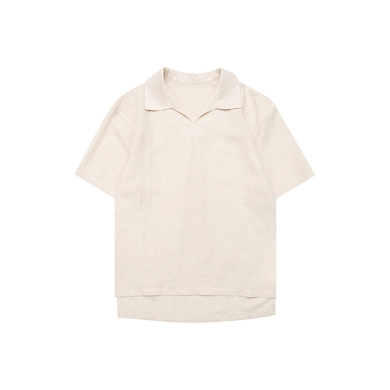 Solid Color Preppy Loose Casual Linen  Polo Short Sleeve Men