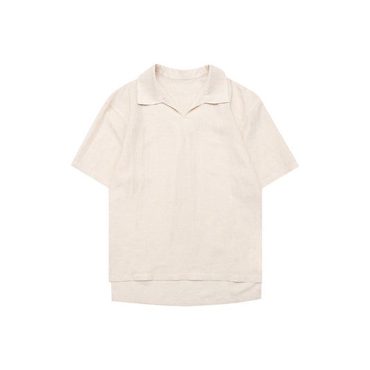 Solid Color Preppy Loose Casual Linen  Polo Short Sleeve Men