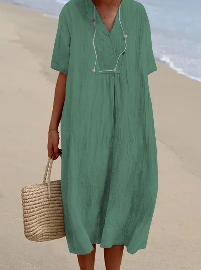 Casual Slimming Pure Color Linen Cotton Dress for Women, Versatile and Fashionable