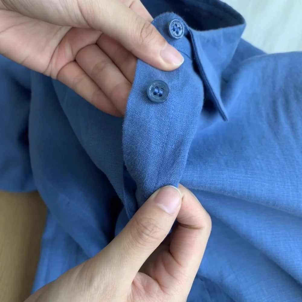 French Blue Linen Shirt for Women, Summer Lightweight Loose Vintage-Style Linen Blouse, Long Sleeve Sun Protection Cotton-Linen Top