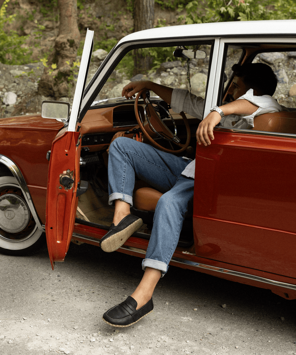 Raven Black barefoot penny loafer for men — buffalo leather sole with copper grounding rivet