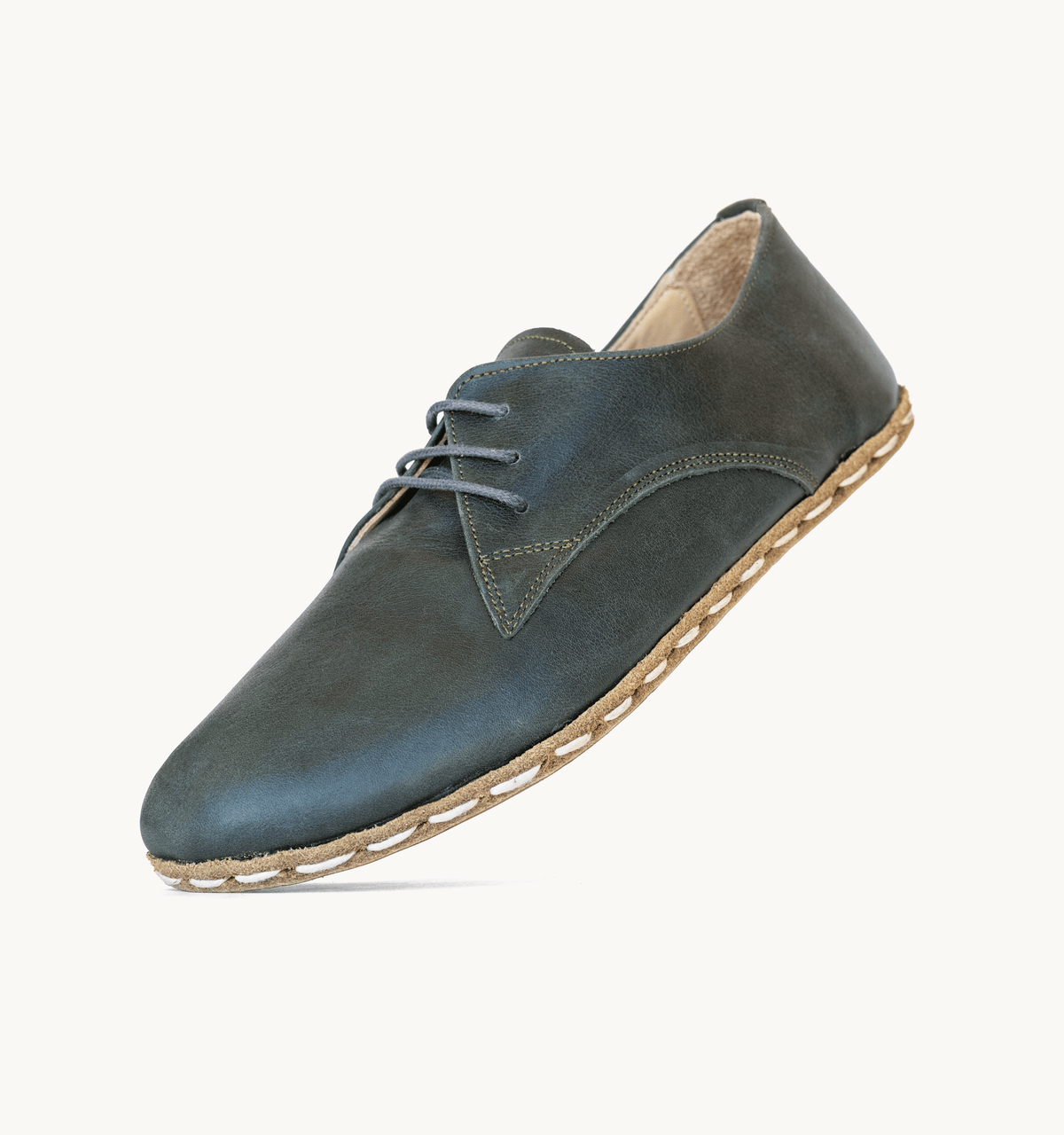 Evergreen women's barefoot leather oxford, side view — hand-stitched, zero drop