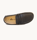 Raven Black men's barefoot leather penny loafer, side view — hand-stitched, zero drop
