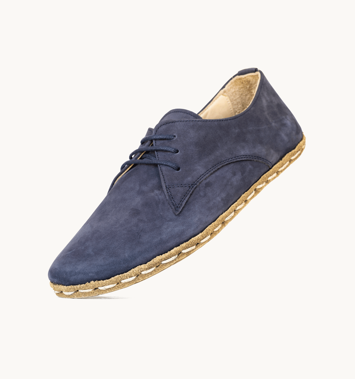 Navy men's barefoot leather oxford, side view — hand-stitched, zero drop