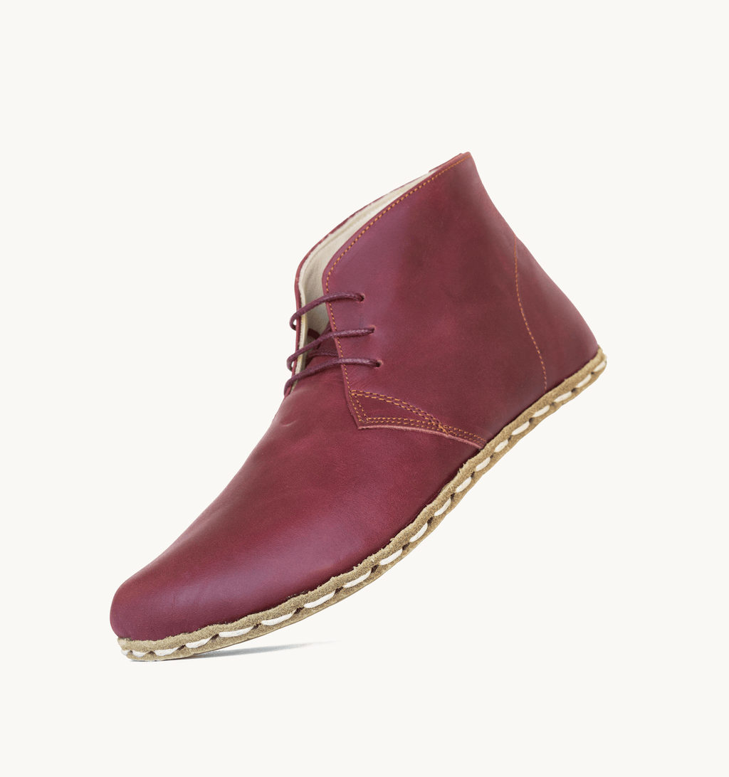 Burgundy barefoot chukka boot for women — buffalo leather sole with copper grounding rivet