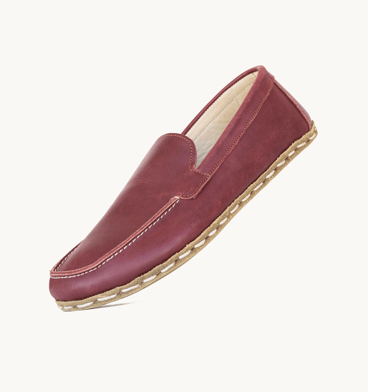 Burgundy women's moccasin — wide toe box, zero-drop barefoot last