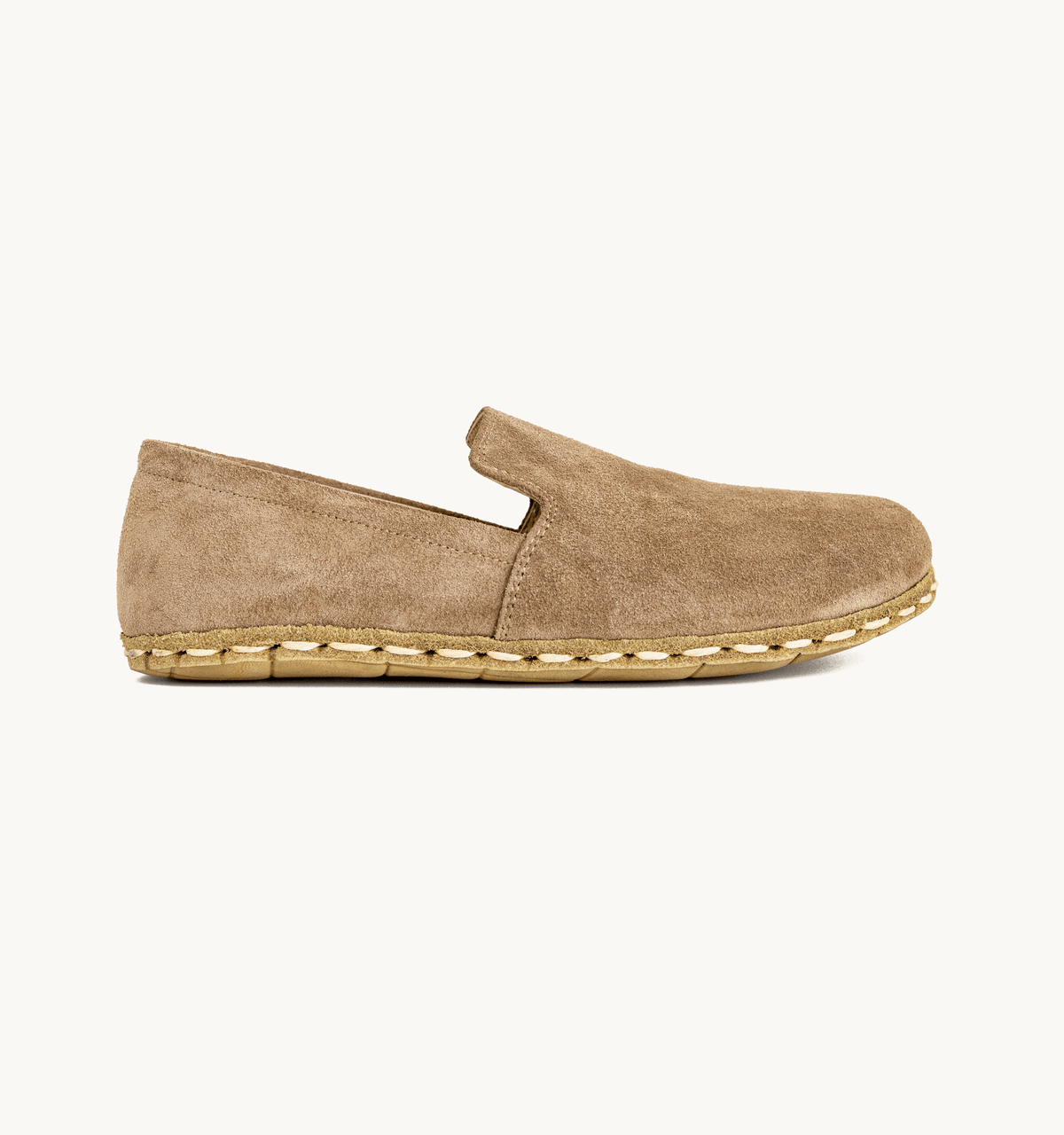 Beige Dawn men's barefoot leather loafer, side view — hand-stitched, zero drop