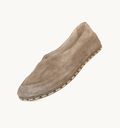 Beige Dawn women's barefoot leather flat, side view — hand-stitched, zero drop