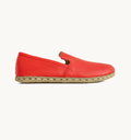 Crimson women's barefoot leather loafer, side view — hand-stitched, zero drop