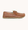 Umber men's barefoot leather boat shoe, side view — hand-stitched, zero drop