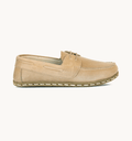 Sand men's barefoot leather boat shoe, side view — hand-stitched, zero drop
