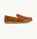Russet women's barefoot leather loafer, side view — hand-stitched, zero drop