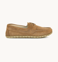 Hickory women's barefoot leather boat shoe, side view — hand-stitched, zero drop