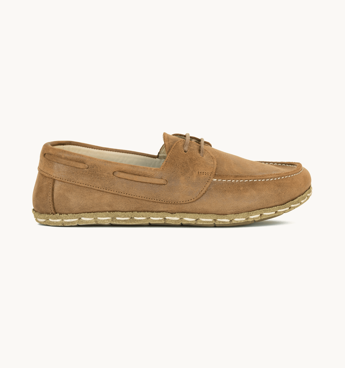 Hickory women's barefoot leather boat shoe, side view — hand-stitched, zero drop