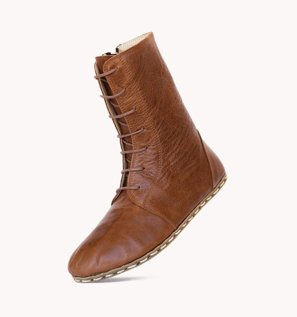 Russet barefoot ankle boot for women — buffalo leather sole with copper grounding rivet