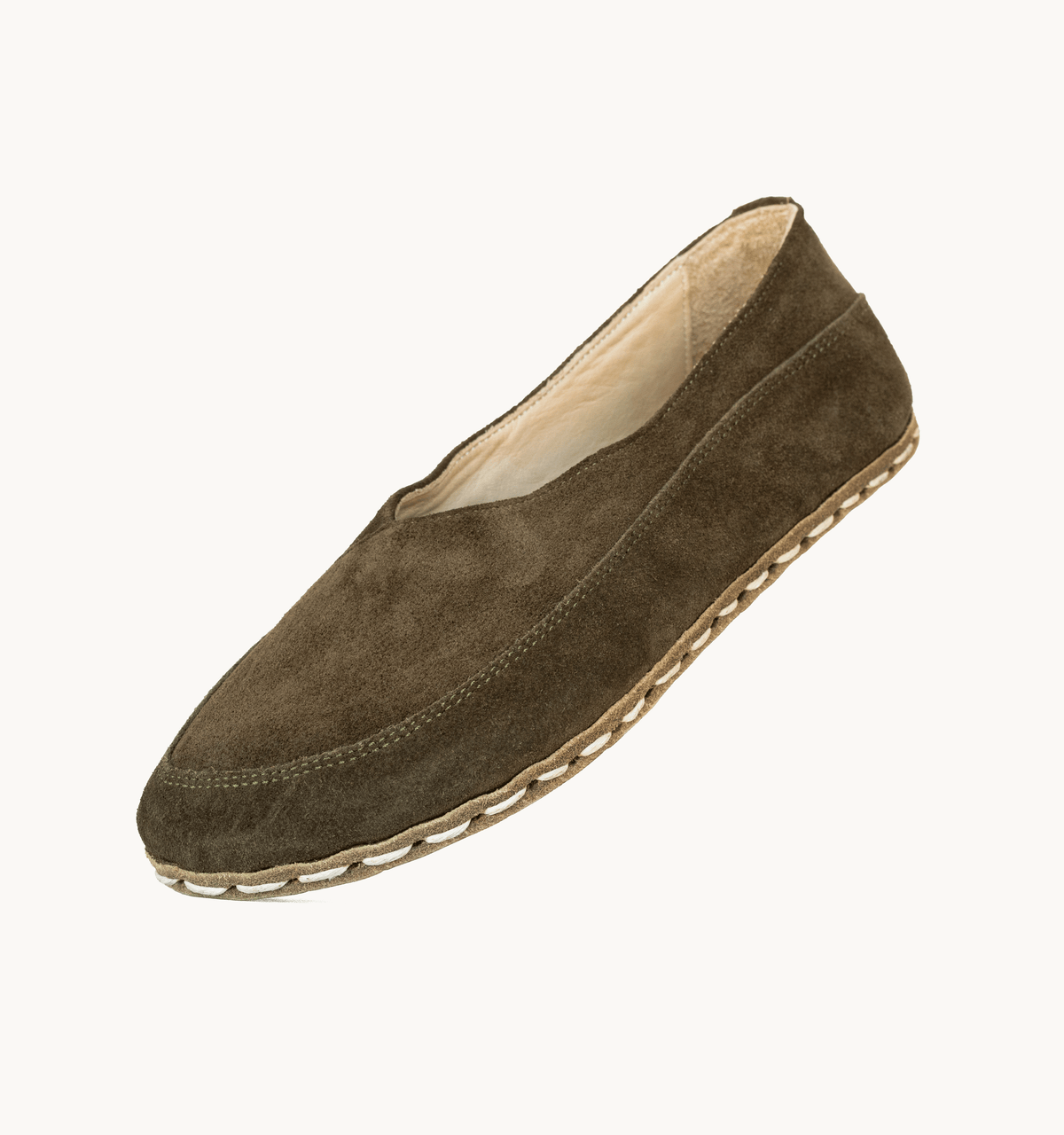Moss women's barefoot leather flat, side view — hand-stitched, zero drop