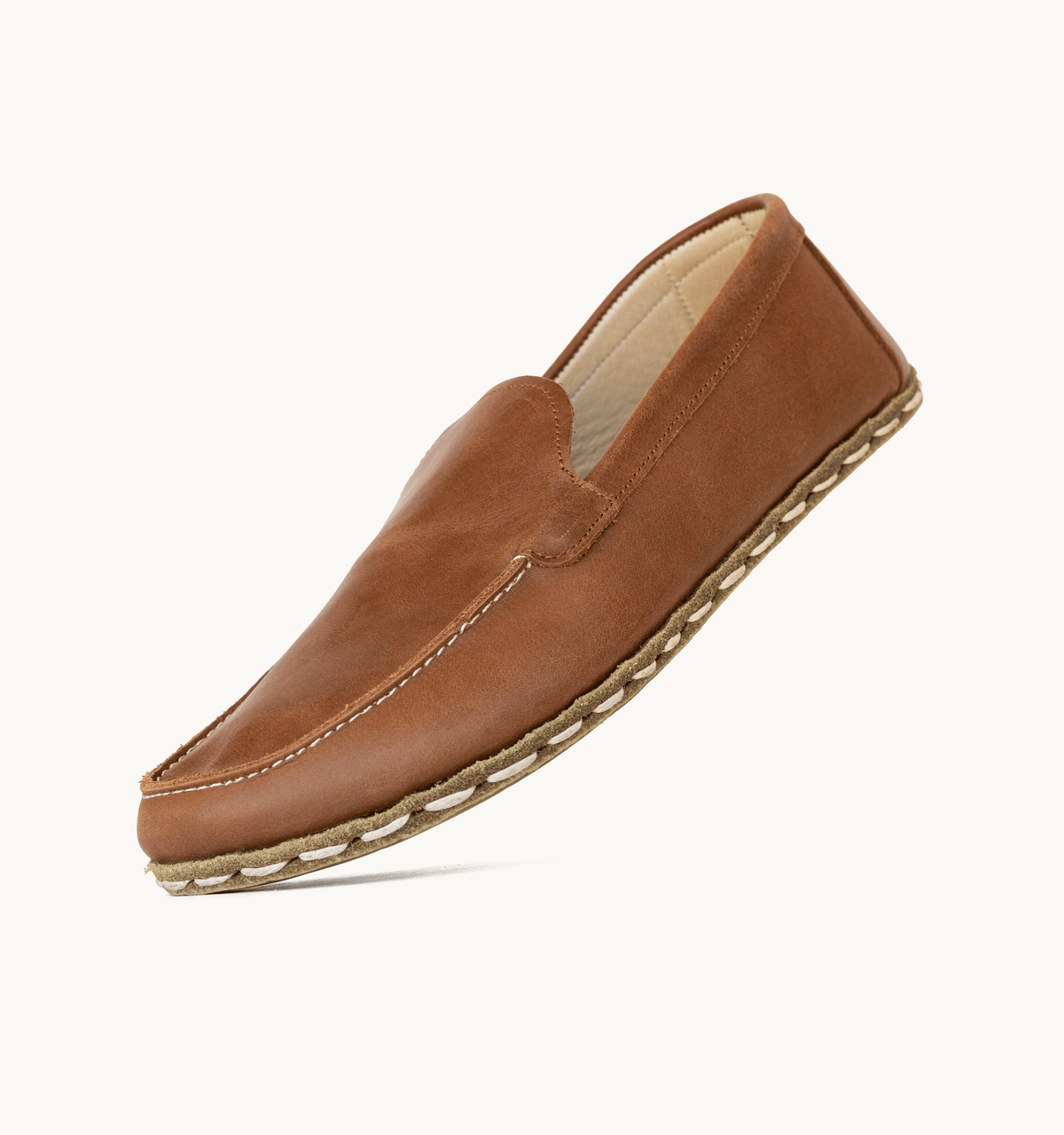 Umber barefoot moccasin for men — buffalo leather sole with copper grounding rivet