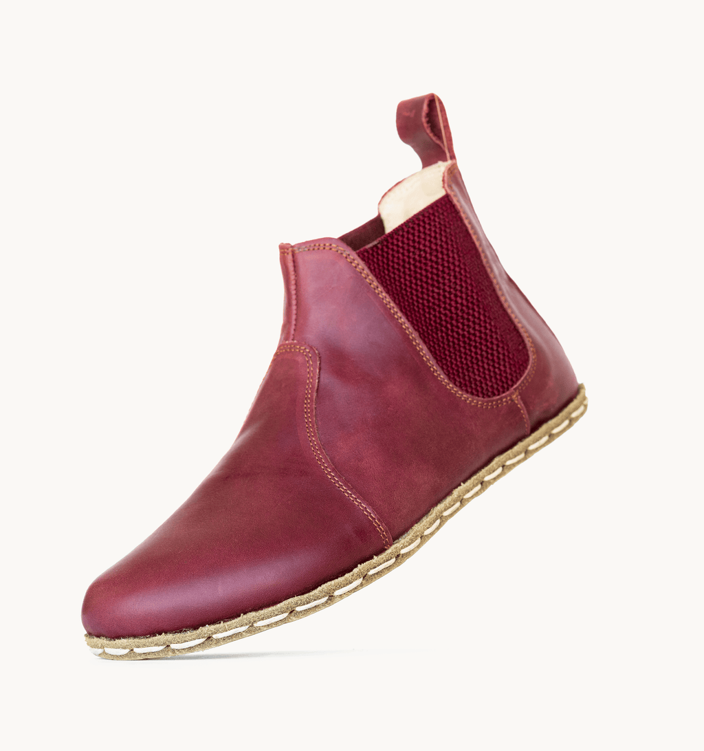 Burgundy barefoot chelsea boot for women — buffalo leather sole with copper grounding rivet