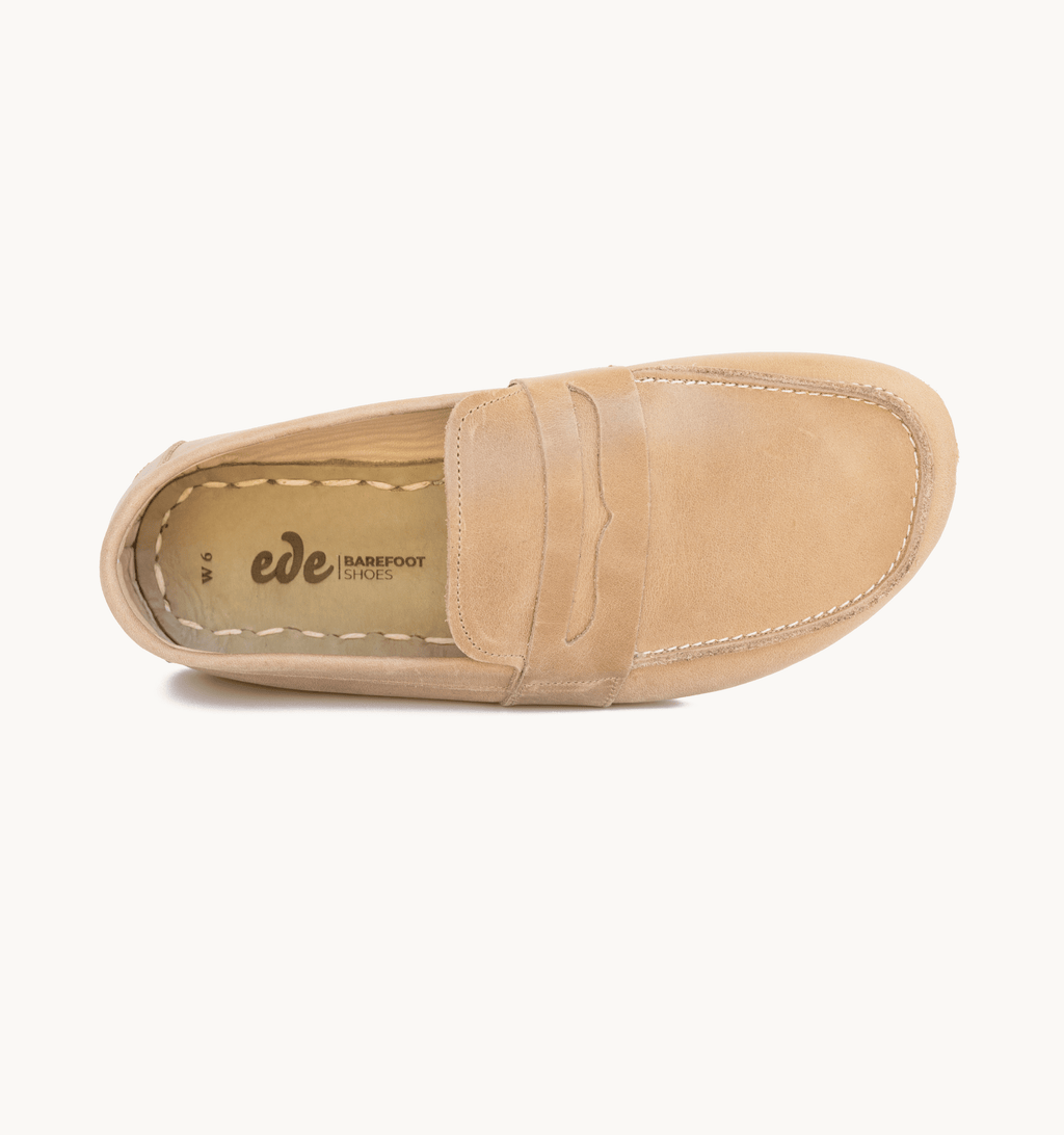 Sand women's barefoot leather penny loafer, side view — hand-stitched, zero drop