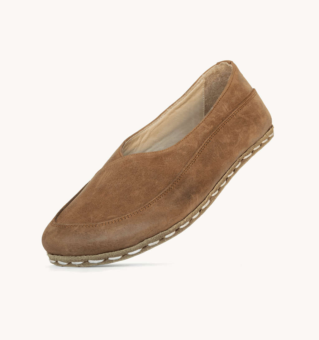 Hickory women's barefoot leather flat, side view — hand-stitched, zero drop
