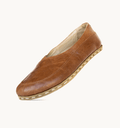 Russet women's barefoot leather flat, side view — hand-stitched, zero drop