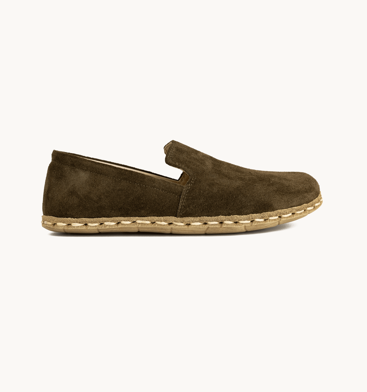 Moss women's barefoot leather loafer, side view — hand-stitched, zero drop
