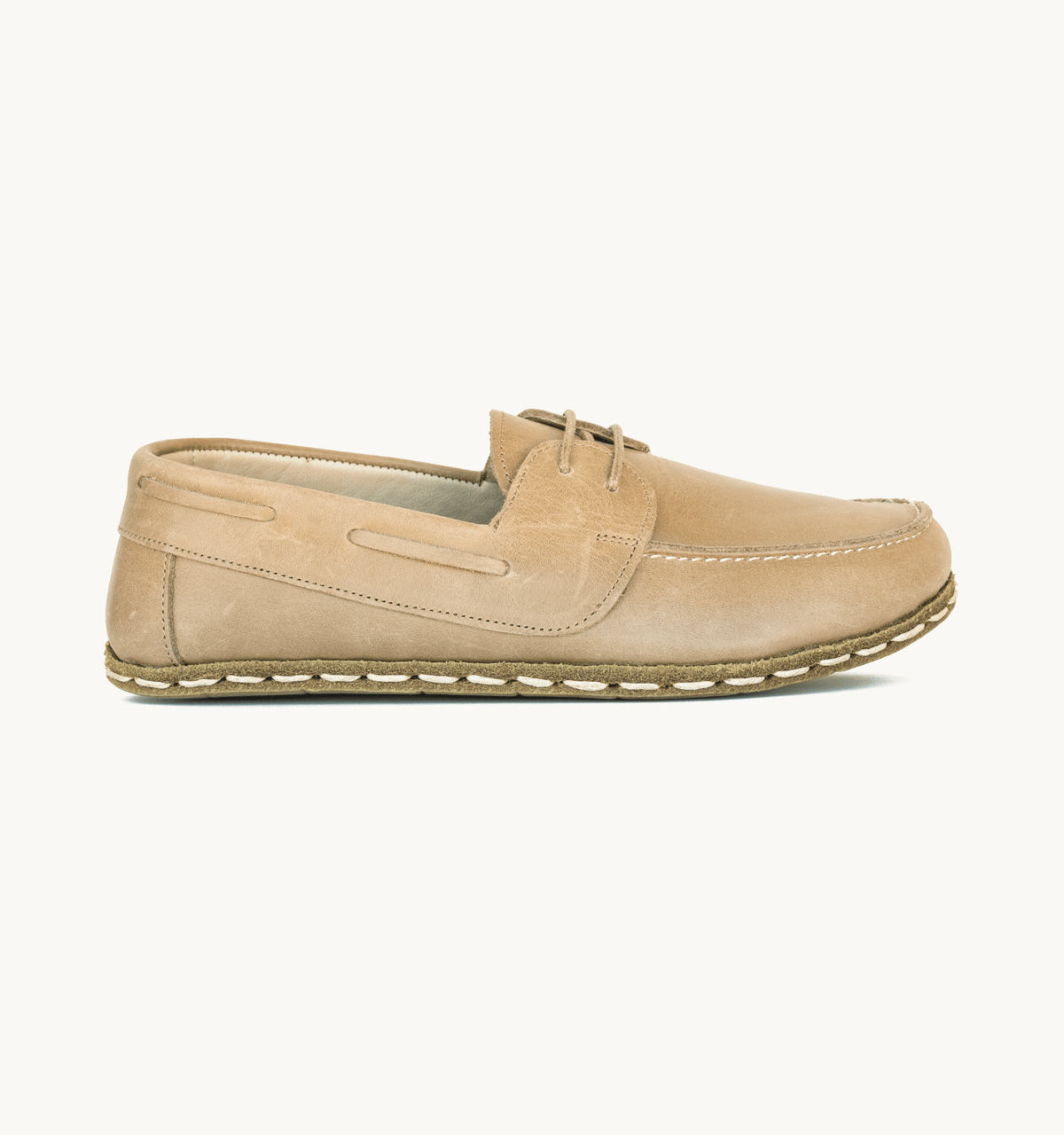 Sand women's barefoot leather boat shoe, side view — hand-stitched, zero drop