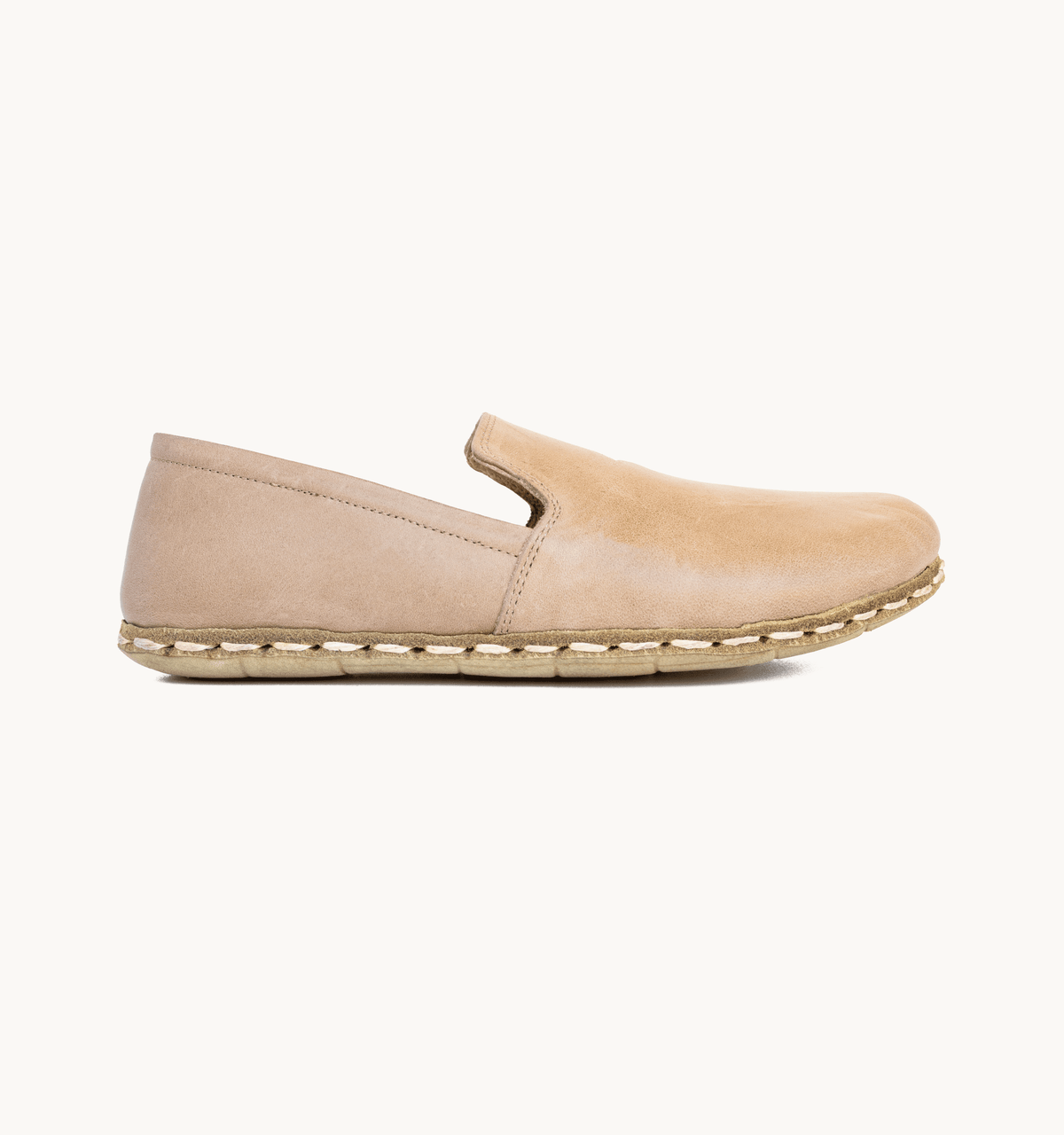 Sand women's barefoot leather loafer, side view — hand-stitched, zero drop