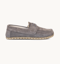 Ashen women's barefoot leather boat shoe, side view — hand-stitched, zero drop