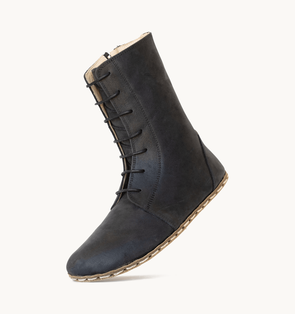 Raven Black barefoot ankle boot for women — buffalo leather sole with copper grounding rivet