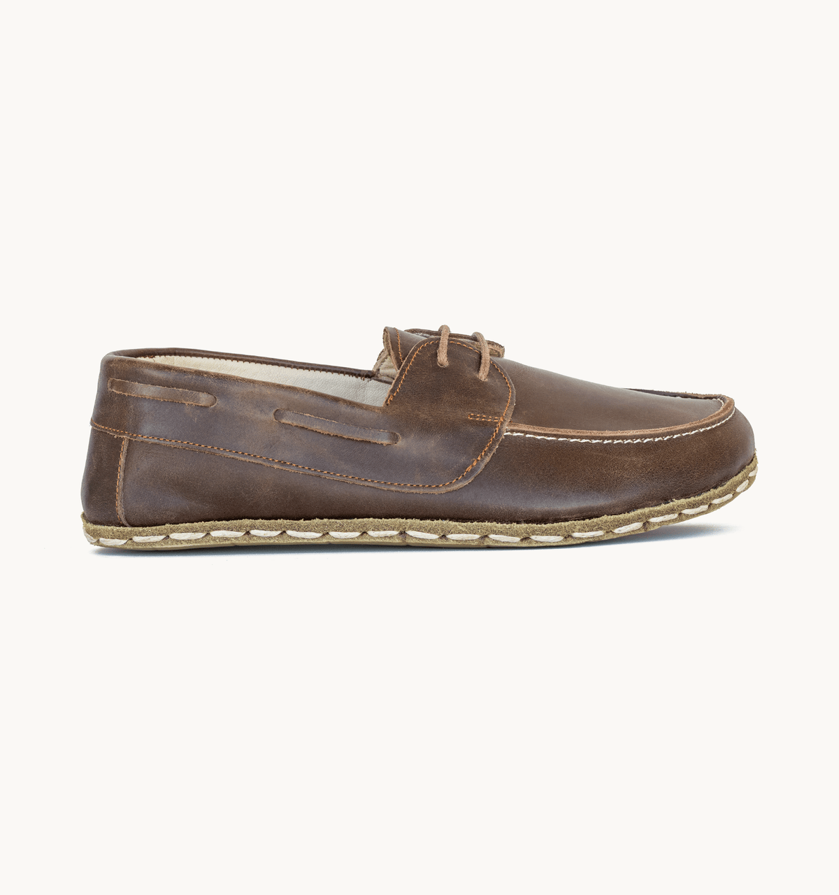 Earth men's barefoot leather boat shoe, side view — hand-stitched, zero drop