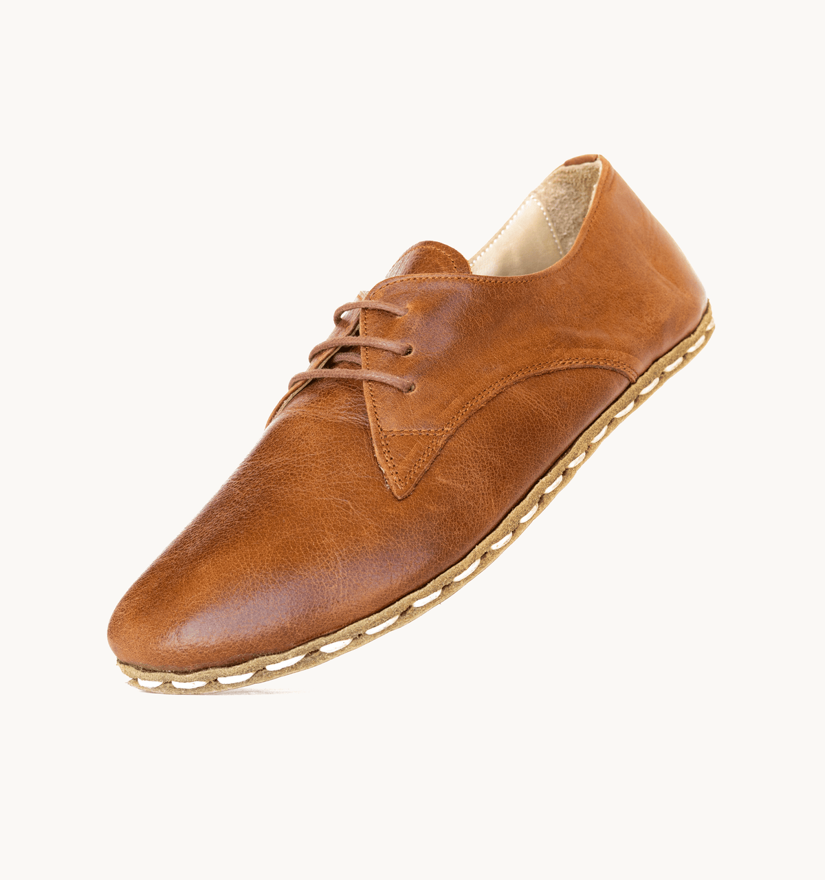 Russet men's barefoot leather oxford, side view — hand-stitched, zero drop