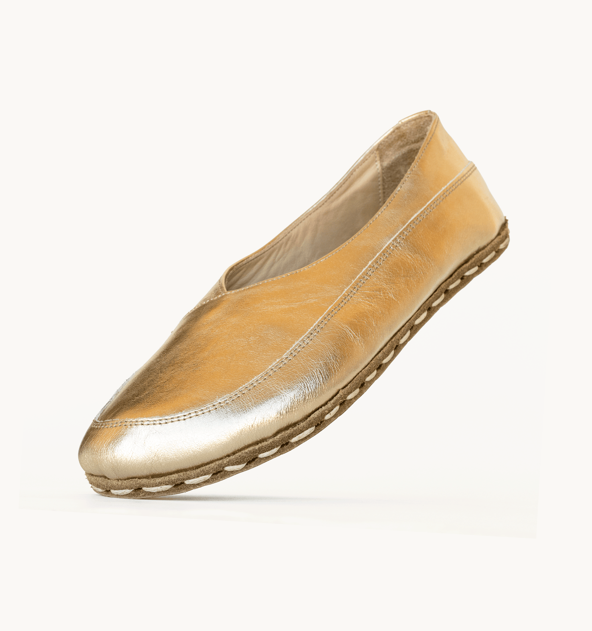 Harvest Gold women's barefoot leather flat, side view — hand-stitched, zero drop