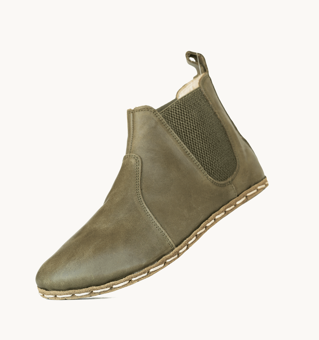 Olive barefoot chelsea boot for women — buffalo leather sole with copper grounding rivet