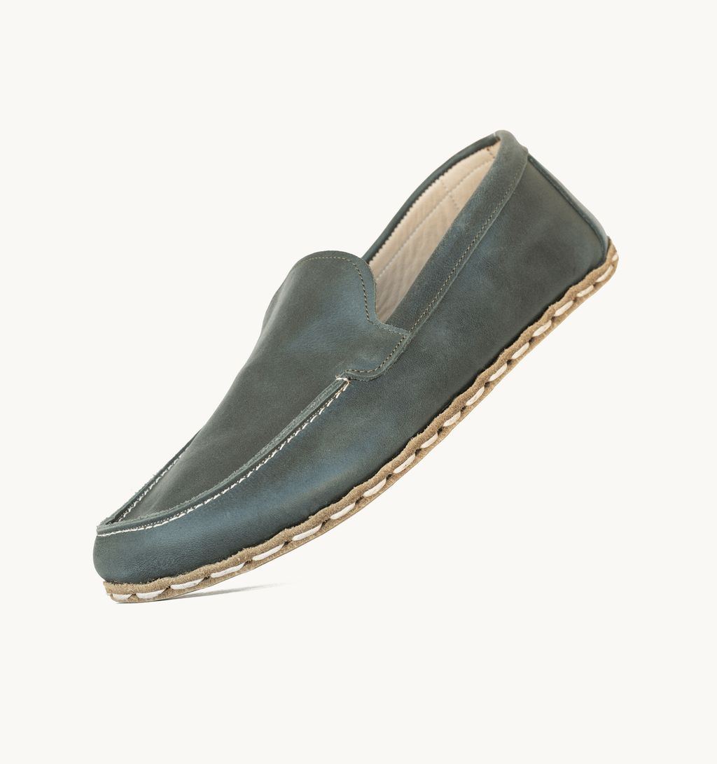 Evergreen barefoot moccasin for men — buffalo leather sole with copper grounding rivet