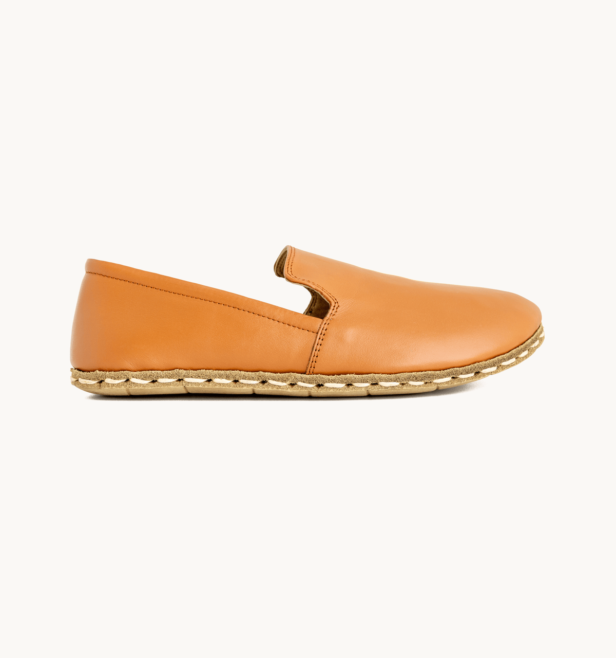 Sunset women's barefoot leather loafer, side view — hand-stitched, zero drop