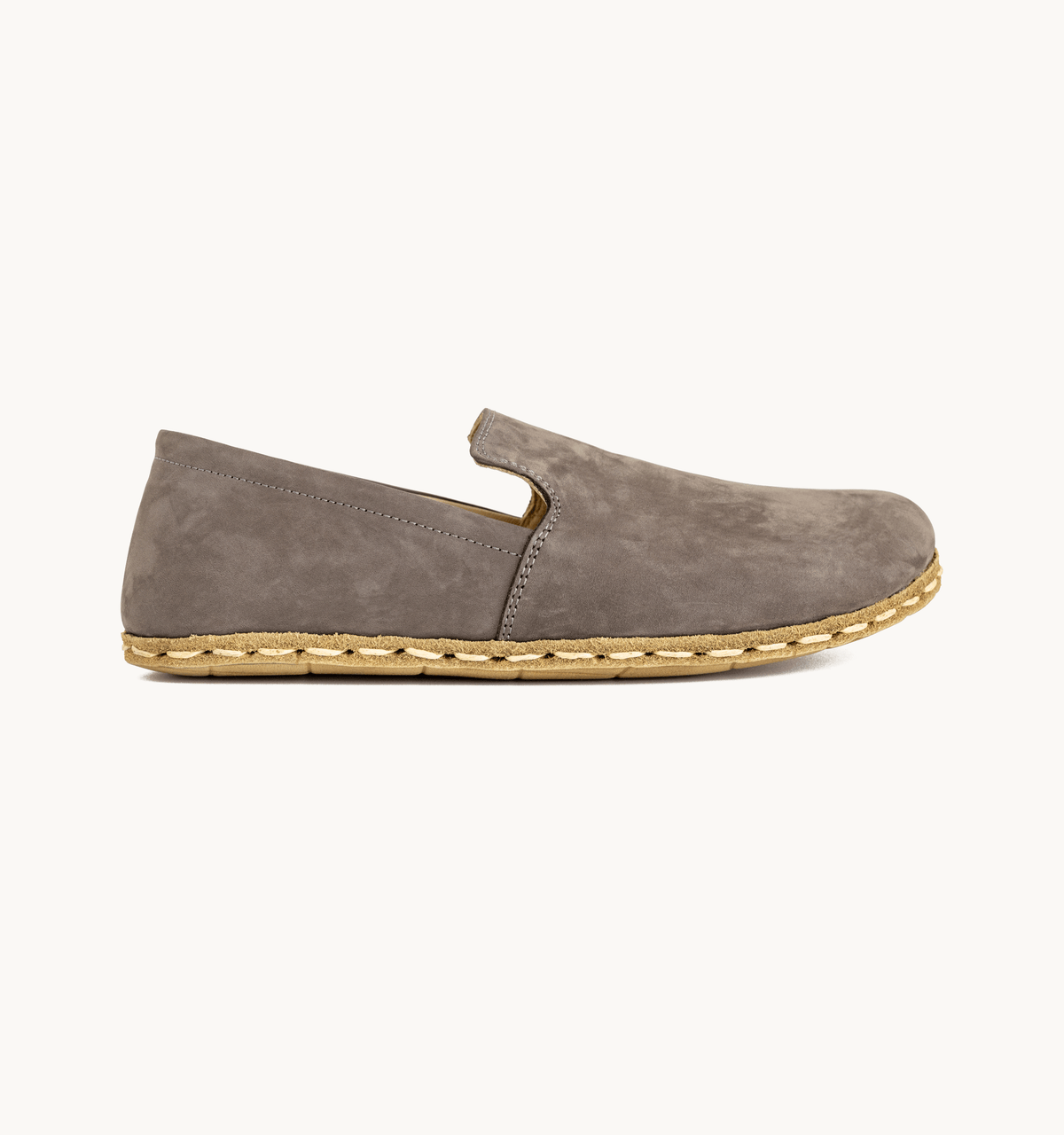 Ashen women's barefoot leather loafer, side view — hand-stitched, zero drop